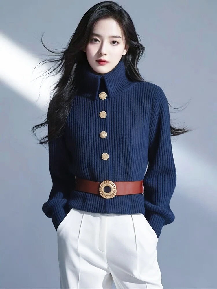 今年流行漂亮针织衫上衣慵懒高级感超好看蓝色高领毛衣外套女秋冬
