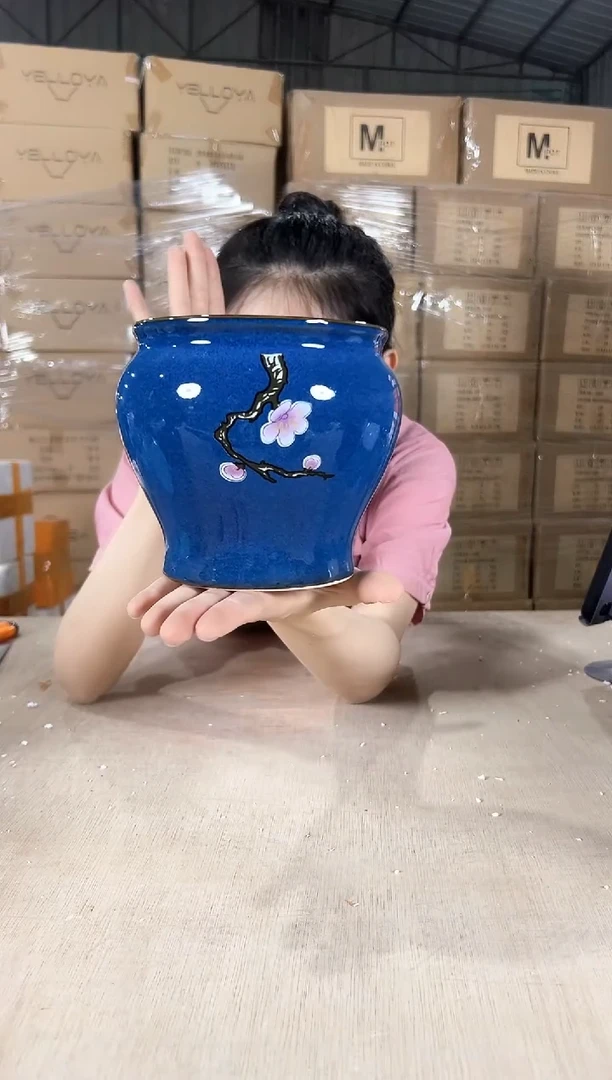 缸形深蓝花釉勾花13x13