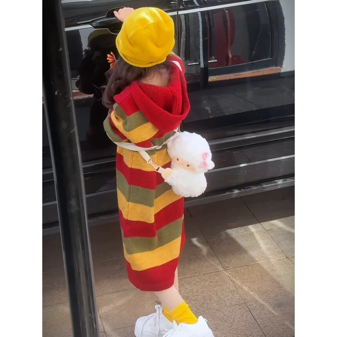 韩系童装秋冬季新款洋气条纹宽松长款毛衣裙撞色连帽针织裙