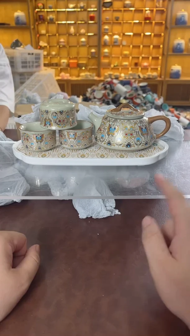 瓷片鸣盏居11111111金银错石瓢壶+杯+茶盘