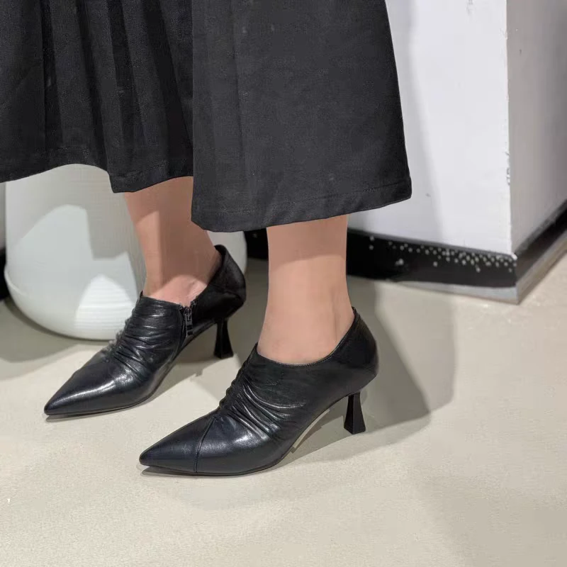 牛皮！踝靴褶皱时尚欧美风新款尖头细跟深口高跟女单鞋