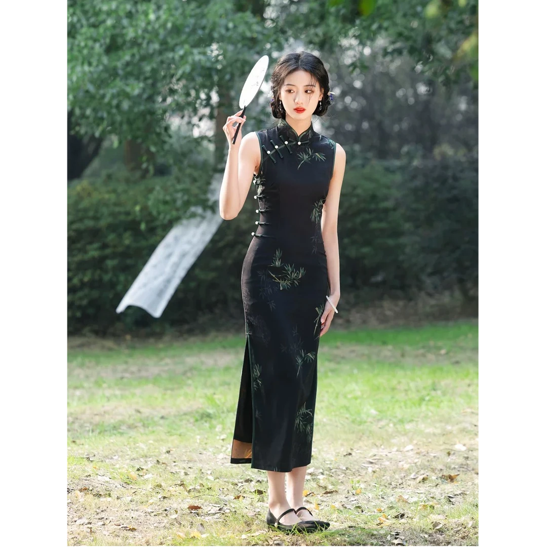 【静涧】椿屿旗袍女2025年春夏新款黑色新中式复古旗袍连衣裙