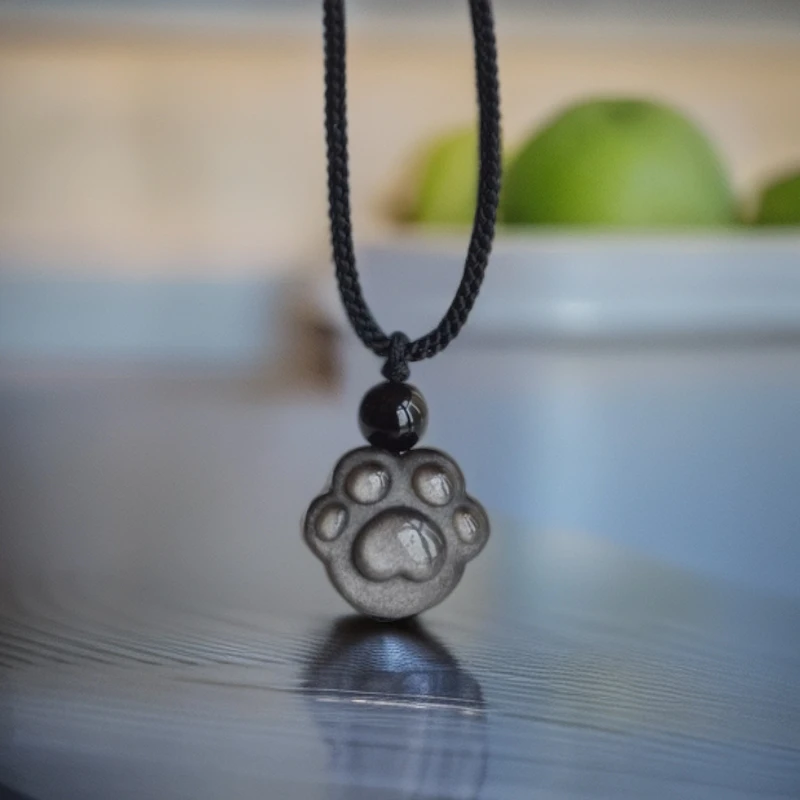 天然黑曜石吊坠银曜石猫爪项链女款男情人节礼物银曜石小狗牌饰品