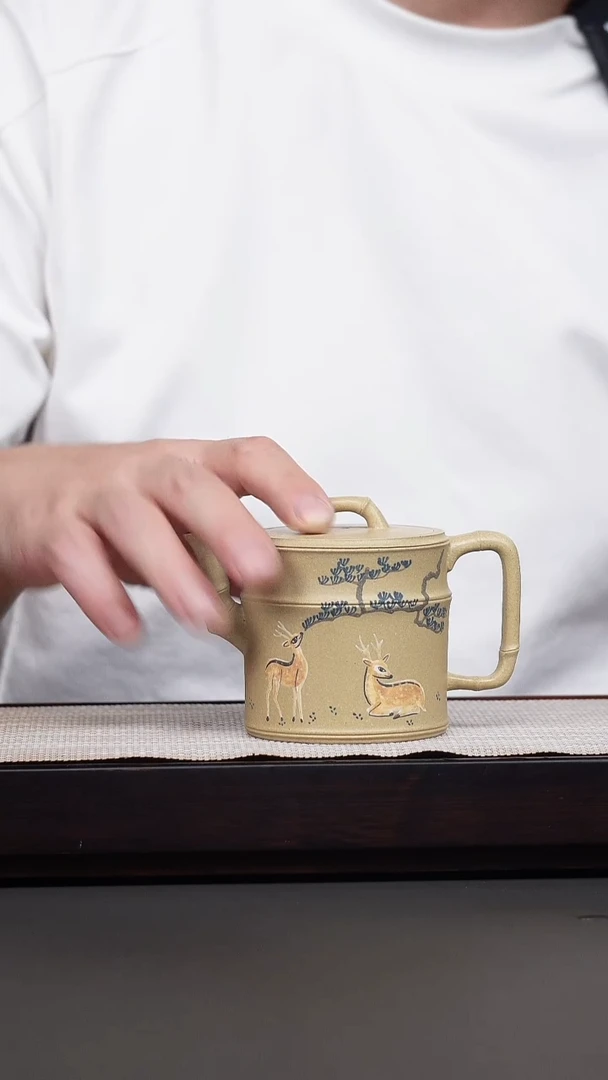 茶壶紫砂本绿泥绘高竹节
