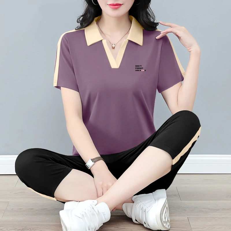 夏季短袖t恤洋气宽松大码翻领休闲运动时尚2025年新款潮流两件套