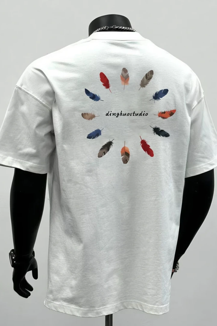 重磅100%纯棉260g设计感羽毛印花小众夏季新款短袖t恤宽松上衣