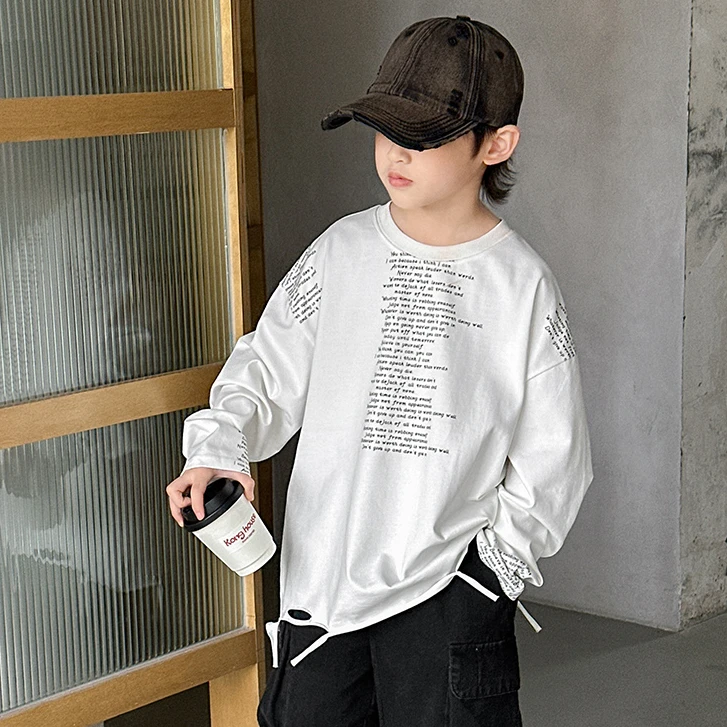 男童春装新款字母打底衫2025帅气儿童春秋中大童潮酷宽松T恤1077