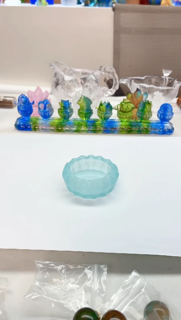手工艺品琉璃天青色莲芯烛台【微瑕】