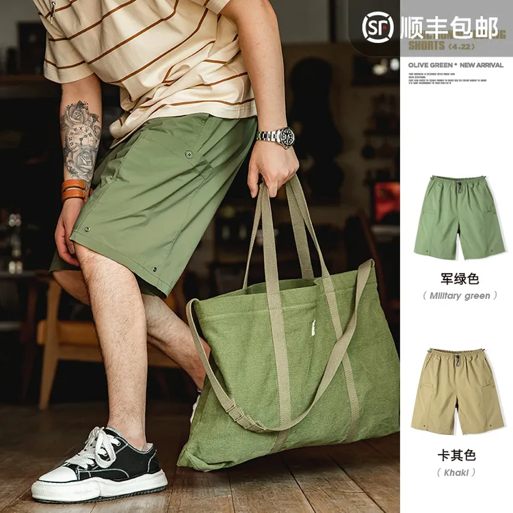 马登工装美式水洗直筒抽绳短裤宽松凉感大口袋机能休闲中裤子男夏