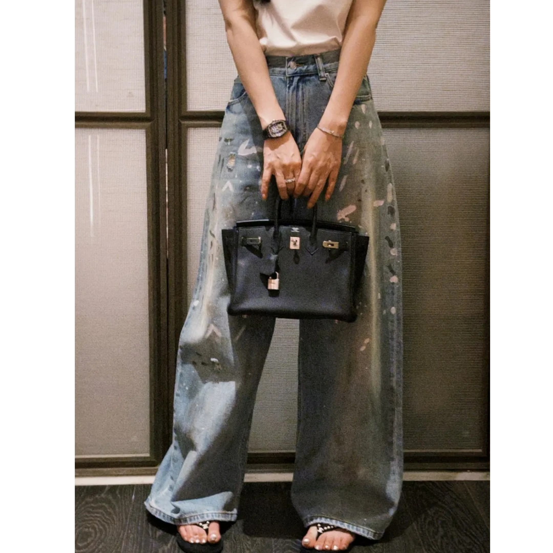 希娜 小画家美式复古泼墨水洗显瘦拖地阔腿裤-油漆裤