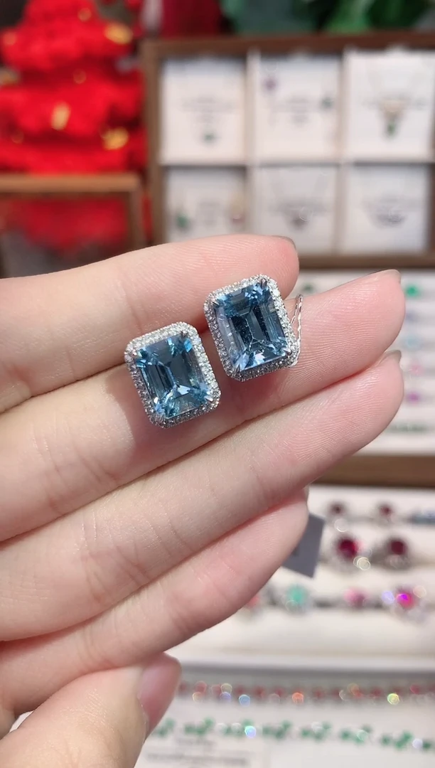 18K金镶嵌耳饰海蓝宝石3.95ct/天然宝石/七天无理由