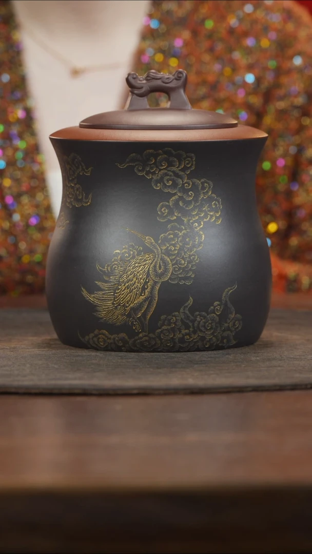 【闪购商品】紫砂茶叶罐黑料瑞兽钮描金仙鹤茶叶罐