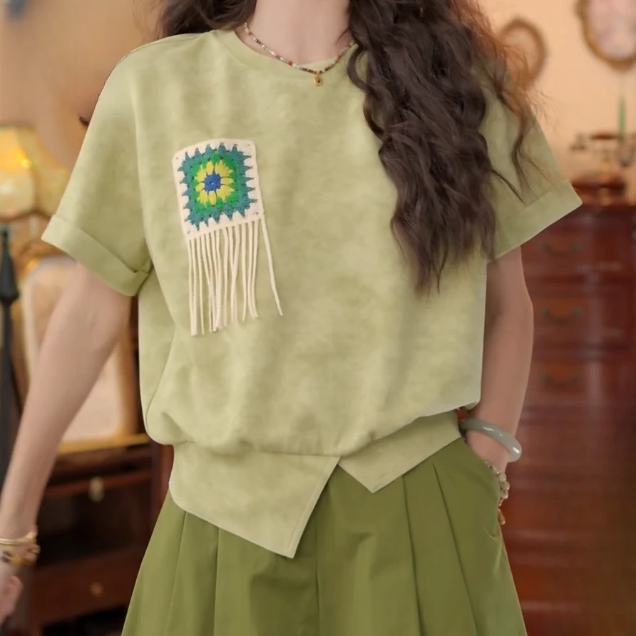 【风荷水露】复古港风纯色夏季短袖T恤休闲刺绣上衣C5219