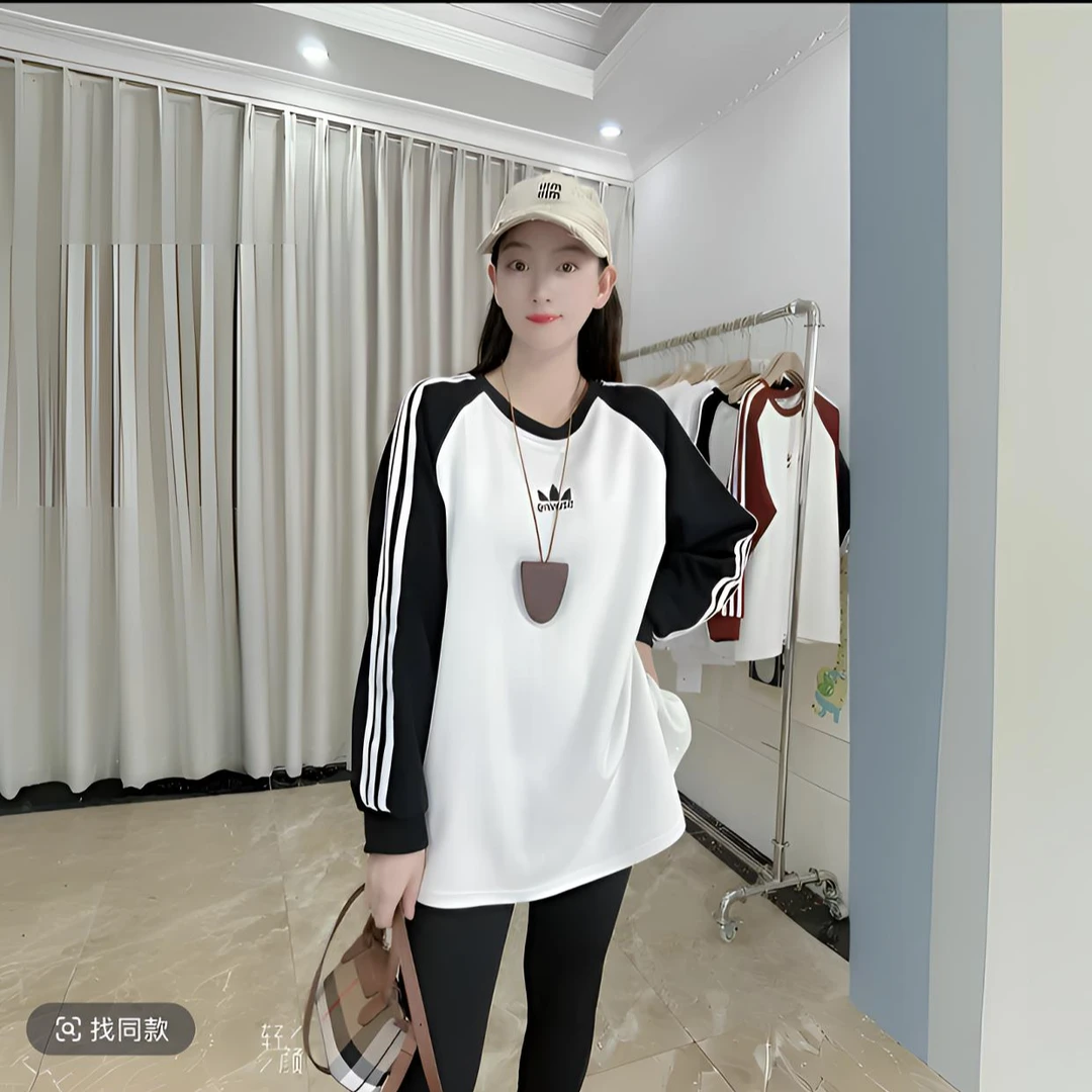 春季新款圆领套头中长款上衣T恤女刺绣图案黑白拼接不掉色百搭