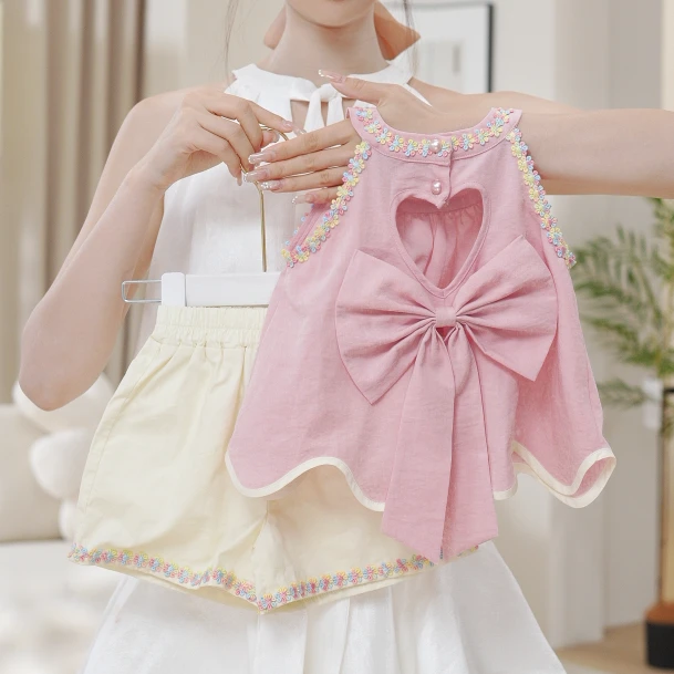 2025夏季新款女童粉色纯色公主无袖上衣短裤套装两件套SA30420