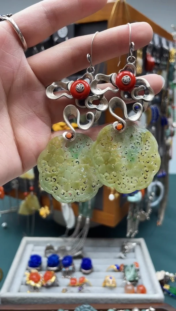 翡翠银S925镶嵌耳饰豫****）饰品