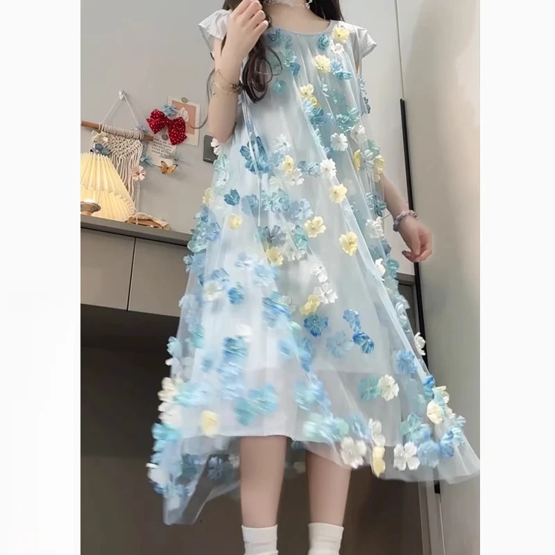公主裙女童2025新款夏季中大儿童花瓣连衣裙洋气时髦女孩夏装裙子
