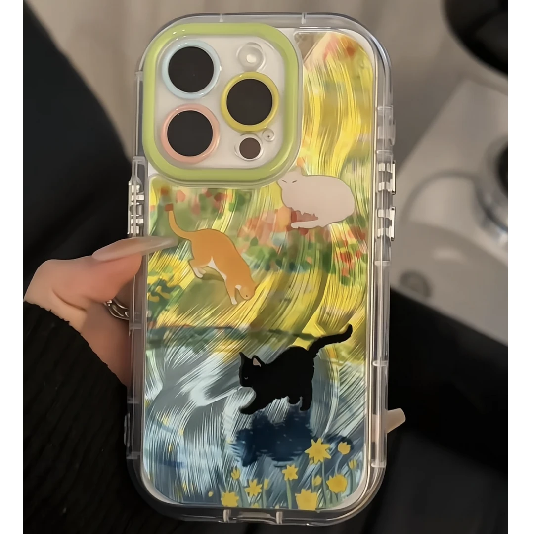 池塘猫咪羽纱手机壳适用苹果16promax新款华为vivo小米15OPPO