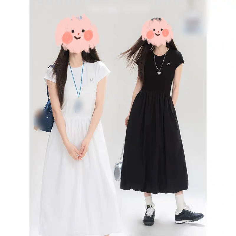 大码法式圆领短袖连衣裙女夏季微胖收腰显瘦长裙9397#