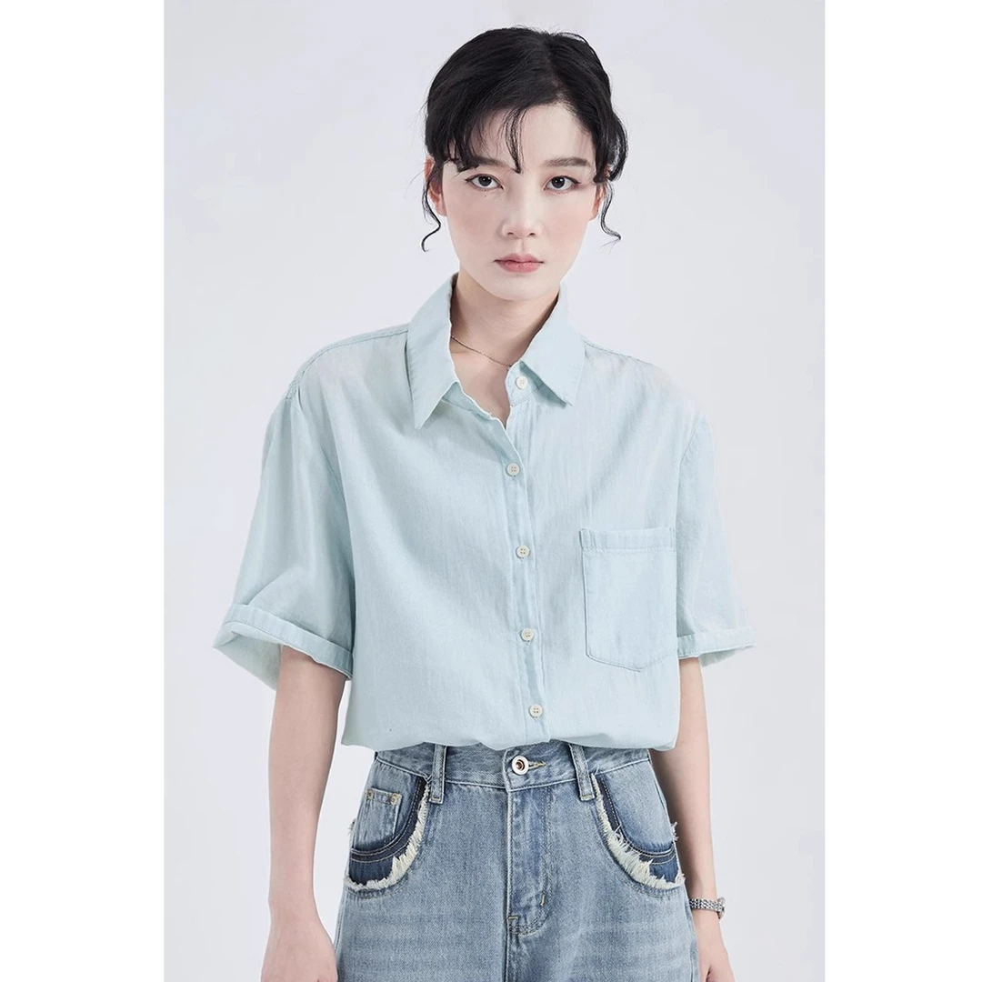 GUIER/桂儿浅蓝色短袖衬衫女夏宽松显瘦休闲百搭polo领上衣22849