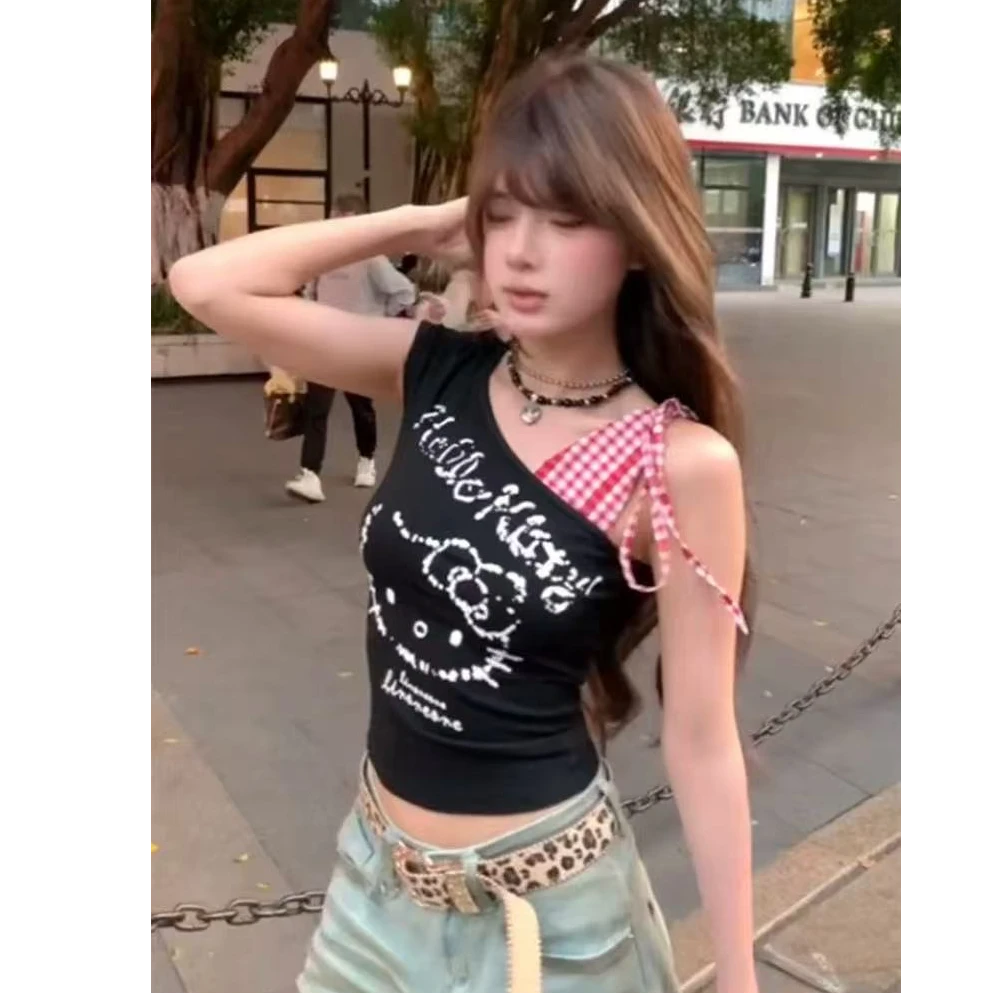 港风chic甜辣风斜肩kitty黑色短袖t恤女夏季设计感显瘦百搭上衣潮