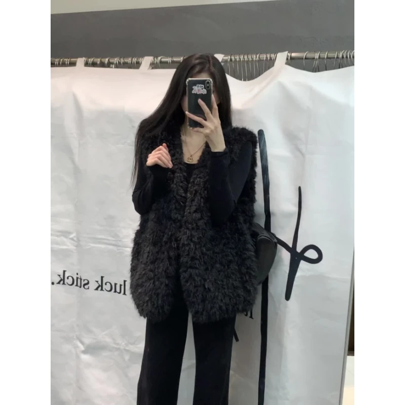 2025秋冬新款百搭宽松马甲外套纯色长袖打底衫显瘦阔腿裤三件套女