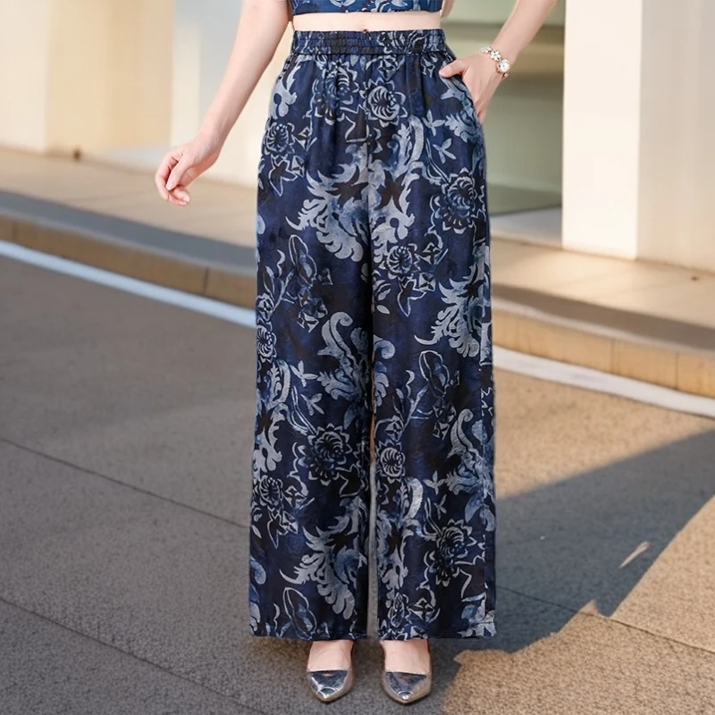 中老年国风青花瓷仿真丝松紧腰休闲裤女装阔太太高端宽松大码裤子