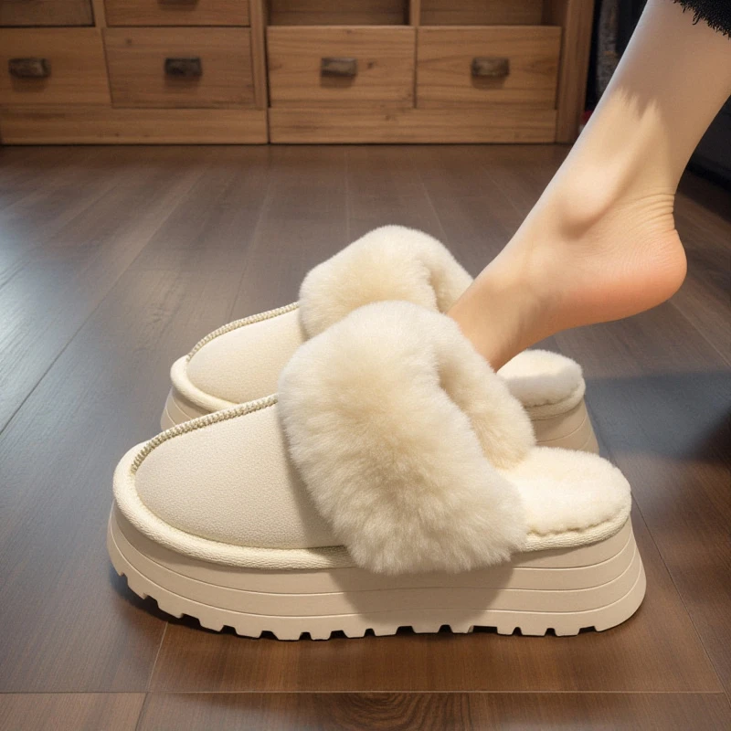 【香港专柜正品】兔毛绒毛毛拖鞋女外穿2025年新款冬季包头松糕厚底