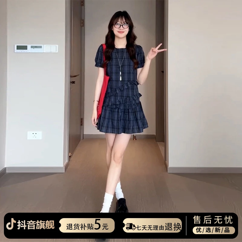 2025新款韩系高级感蓝色格纹短袖连衣裙子女夏季小个子泡泡袖短裙