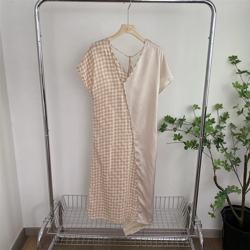 AA8818外贸日单优雅气质连衣裙V领格子拼色长裙女