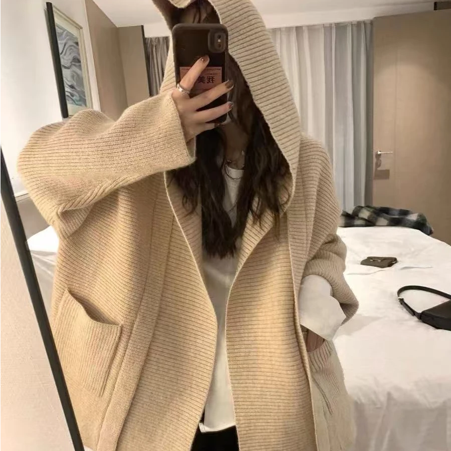 廓形连帽加厚口袋大码针织开衫女秋冬新款韩系设计感小众毛衣外套