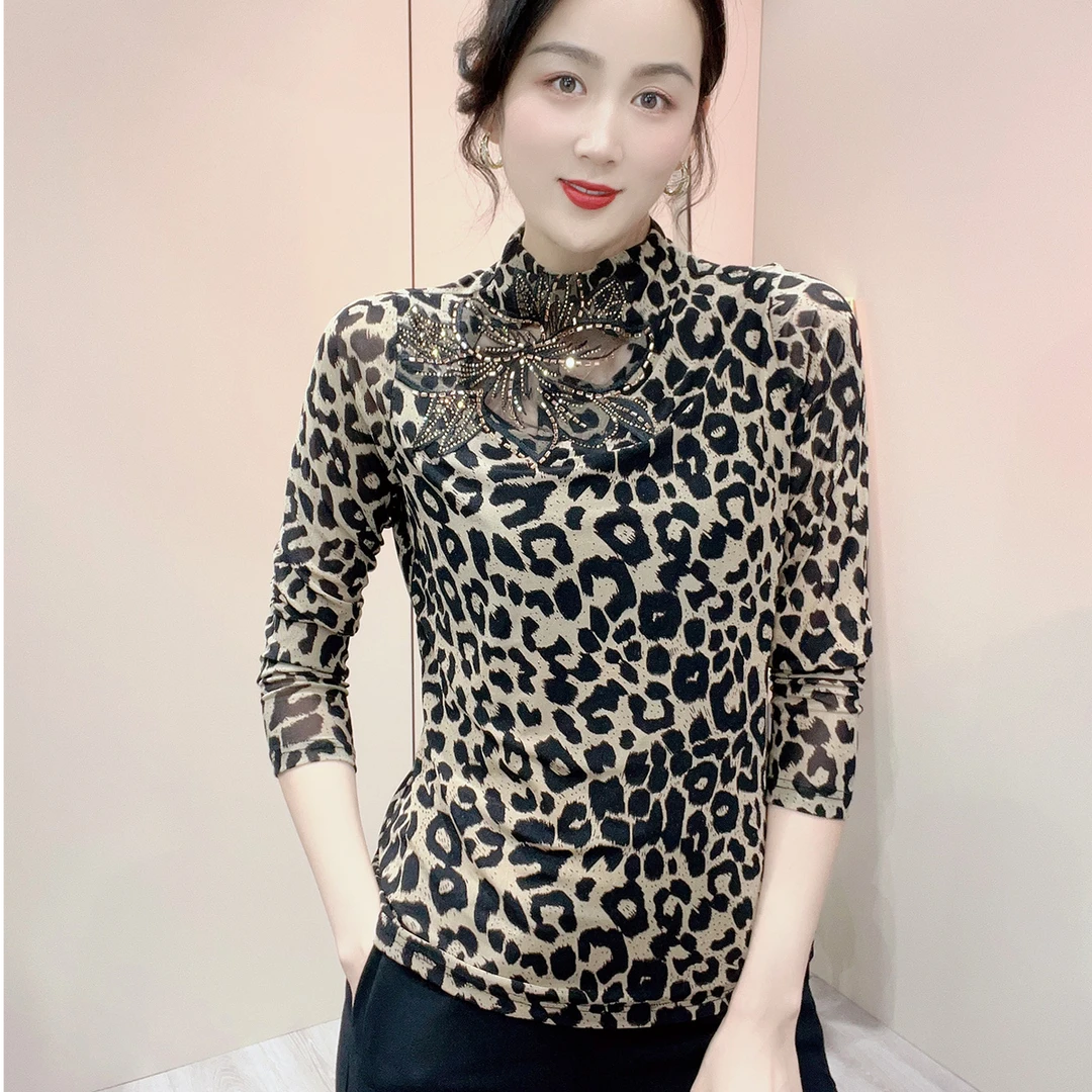 鑫坷秋季新款半高领弹力纱烫钻长袖小衫百搭显瘦女小衫上衣023