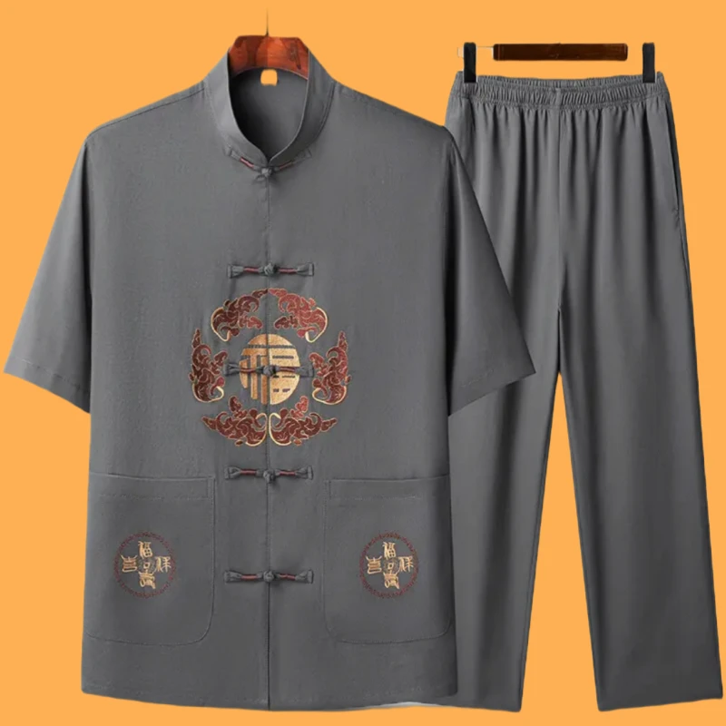 清货中老年新中式唐装男士刺绣晨练太极爸爸装爷爷装夏季国风套装