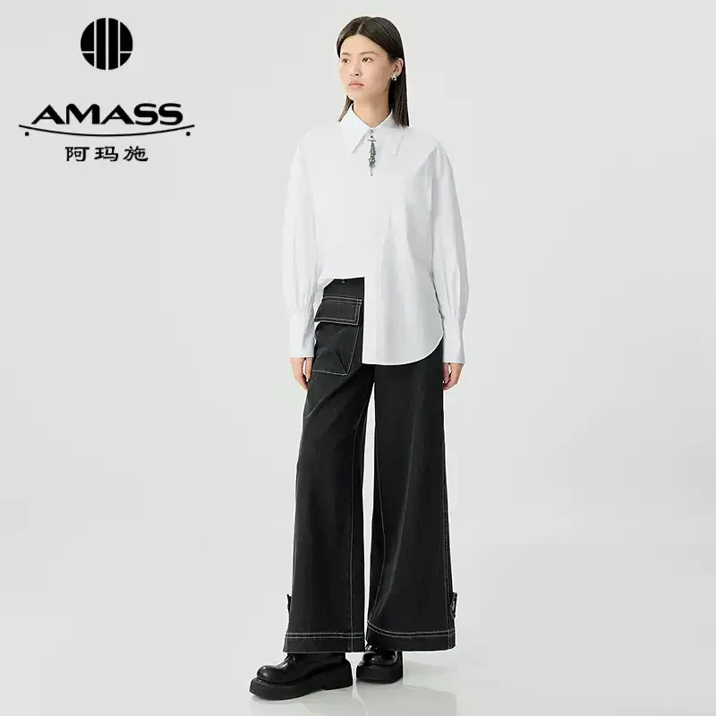 阿玛施AMASS春夏新款手工钉珠章仔工艺气质长袖棉质白衬衫530052