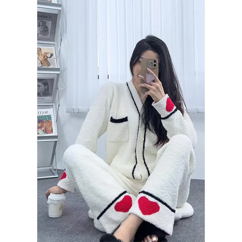 甜美爱心印花半边绒睡衣女冬季加厚保暖开衫针织家居服套装可外穿