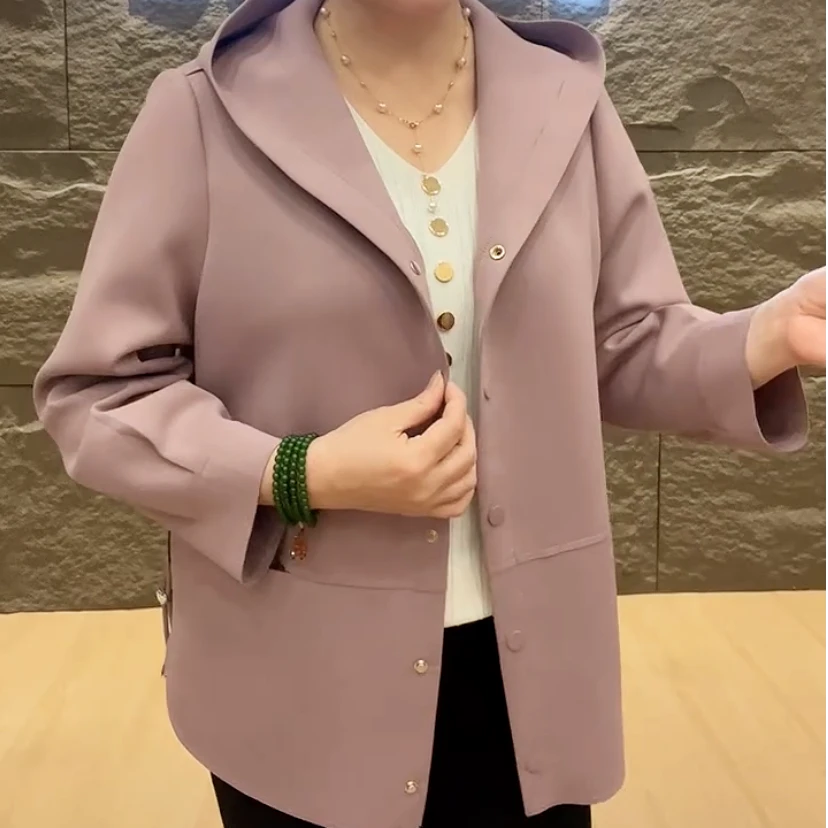 爆款纯色连帽短款风衣外套遮肉显瘦上衣时尚休闲百搭中老年女装