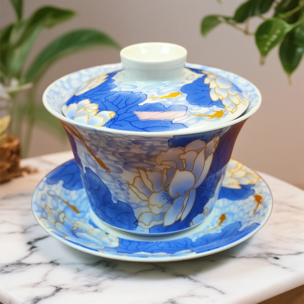 蓝荷花悬停三才盖碗1717
