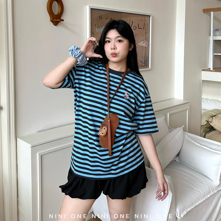 NINI ONE 微胖Kt猫刺绣韩系条纹短袖T恤宽松