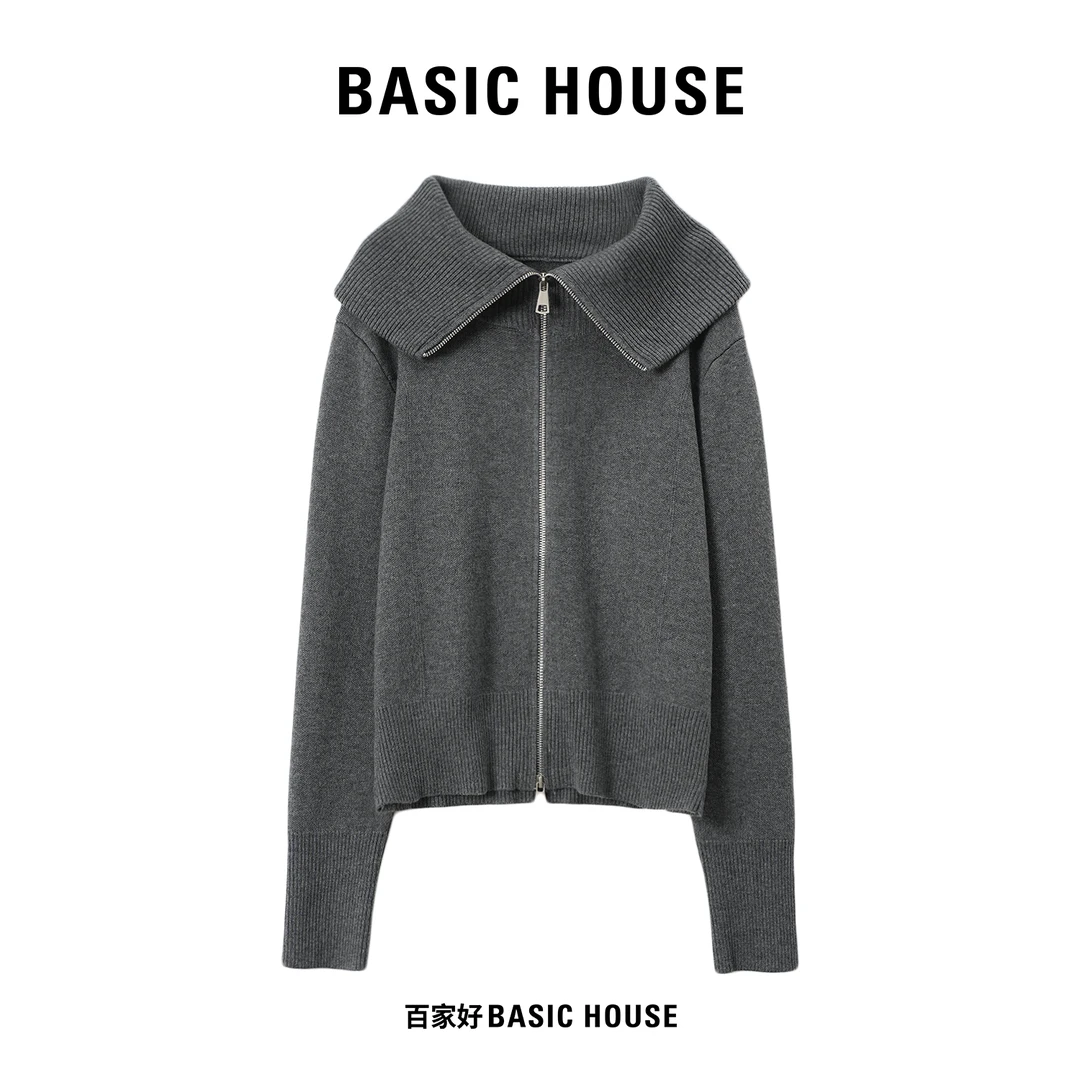 Basic House/百家好2025秋新款大翻领拉链款休闲针织衫S132 MM