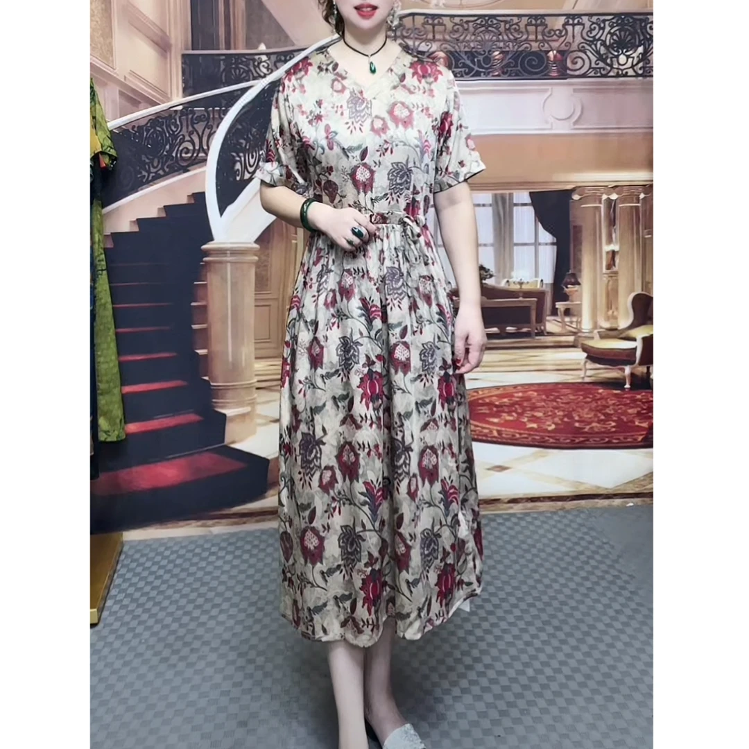 宝藏衣橱7098 夏季重磅休闲花色百搭显瘦连衣裙女士气质印花裙子