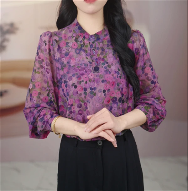 万紫千红设计感衬衫女士春装时尚减龄印花上衣洋气宽松显瘦小衫