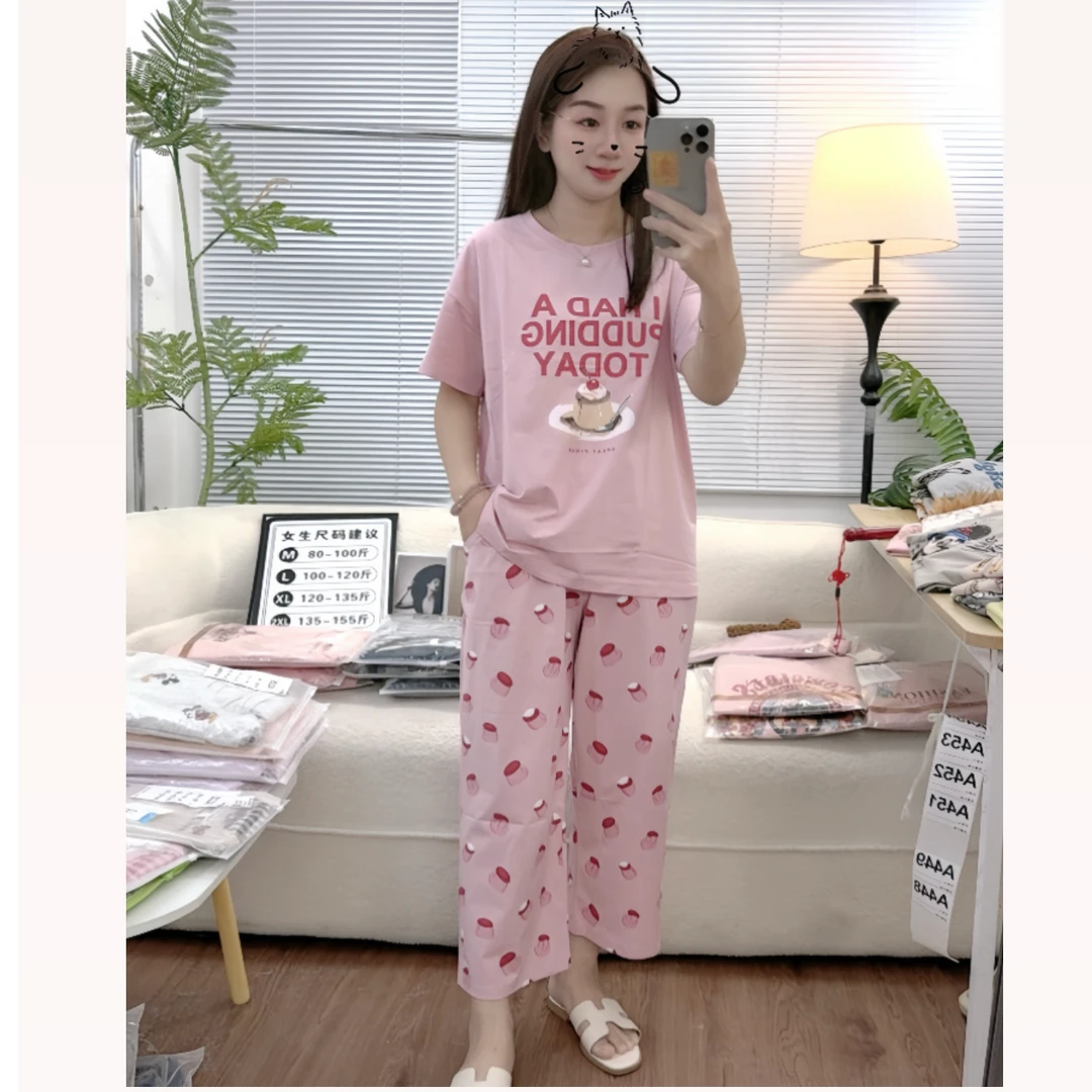 夏季休闲风冰爽棉女士短袖八分裤家居服