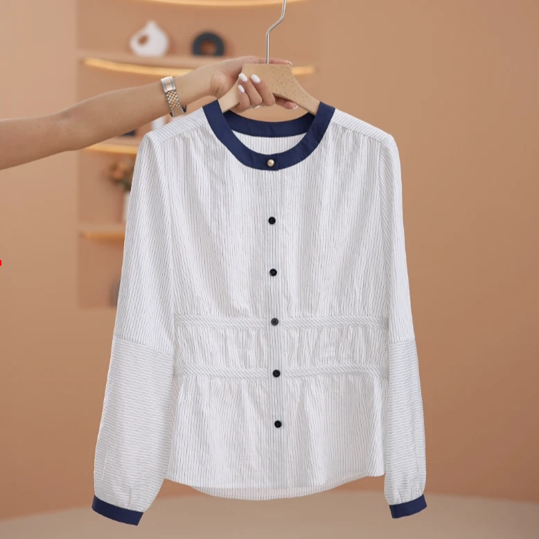 【w】条纹衬衫女通勤叠穿长袖衬衣休闲圆领上衣Y12190-GB