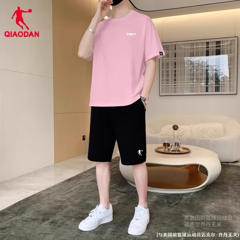 乔丹运动套装男夏季新款短袖短裤套装青少年潮流粉色休闲两件套男