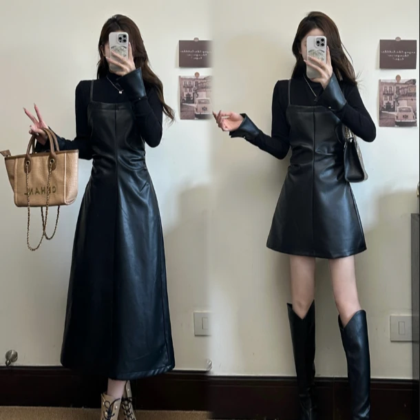 大码女装假两件辣妹气质拼皮收腰显瘦连衣裙胖MM时尚连衣裙