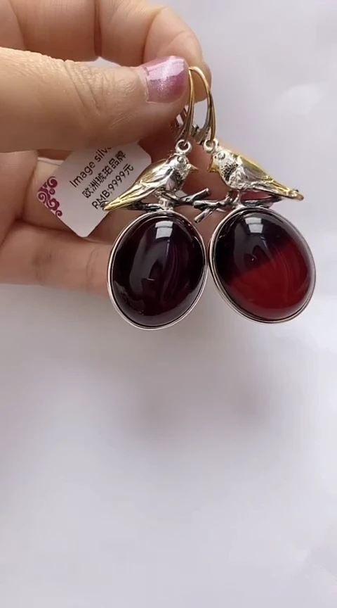 【闪购商品】琥珀裸石银S925镶嵌血珀耳坠