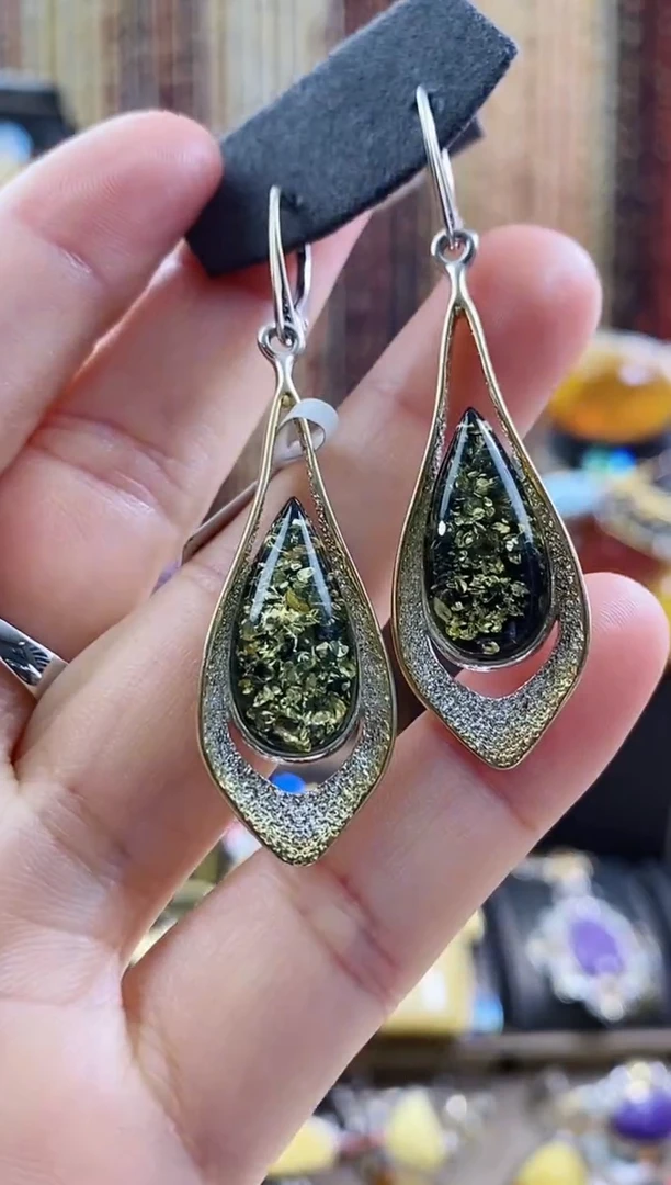 琥珀银S925镶嵌耳饰耳环