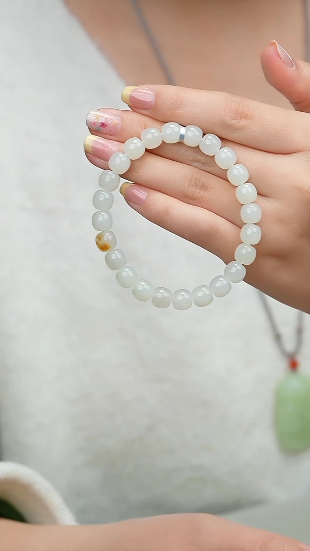 颈饰未镶嵌和田玉010-白玉老形珠手串-8*9mm-1202