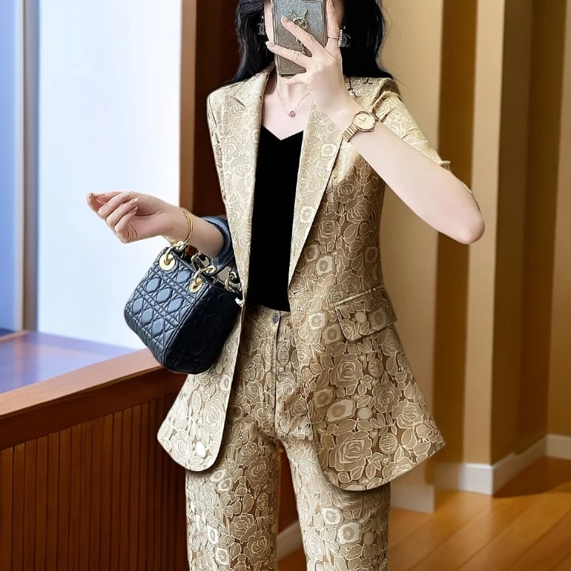 西装外套女夏天薄款咖色印花西服高级感时髦洋气轻职场工作服洋气