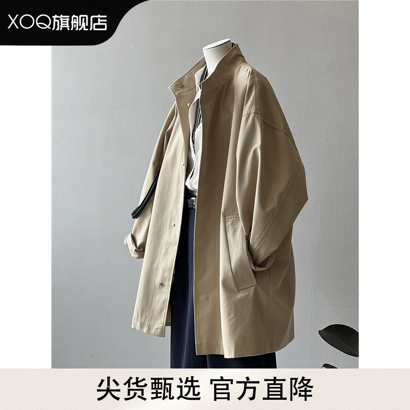 XOQ日系工装立领风衣外套女2025春秋新款韩版宽松中长款质感大衣